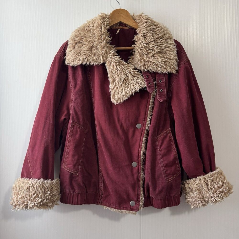 Free People Owen Sherpa Denim Button Up Jacket Wine Red Collared Women's Sz S